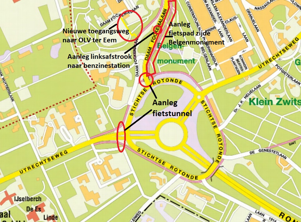 Kaart met route vanaf de Stichtse Rotonde tot aan zuidelijk deel Daam Fockemalaan in Amersfoort